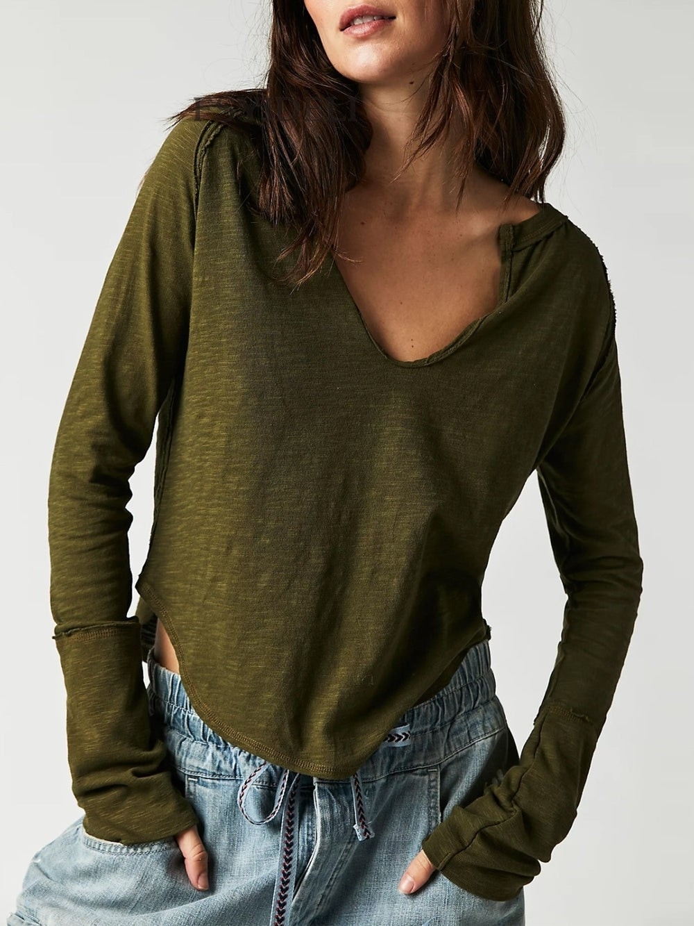 Free People We The Free Hailey Deep V-Neck Long Sleeve Top Green XL